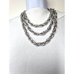 Silver Tone Twisted Rope Link Chain Necklace 62” Long Layering Statement or Belt